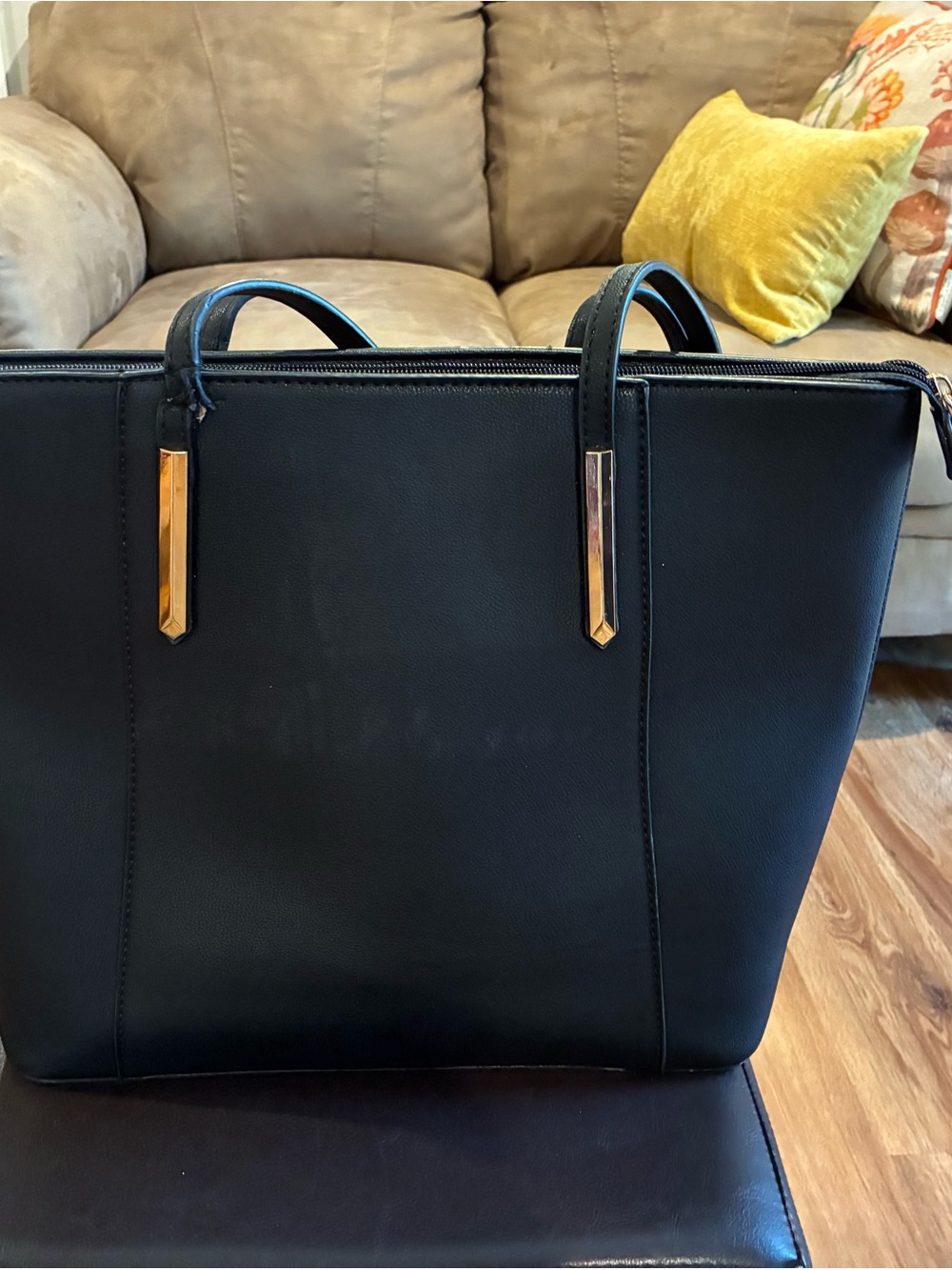 Classic Black Structured Tote Bag with Gold Accents